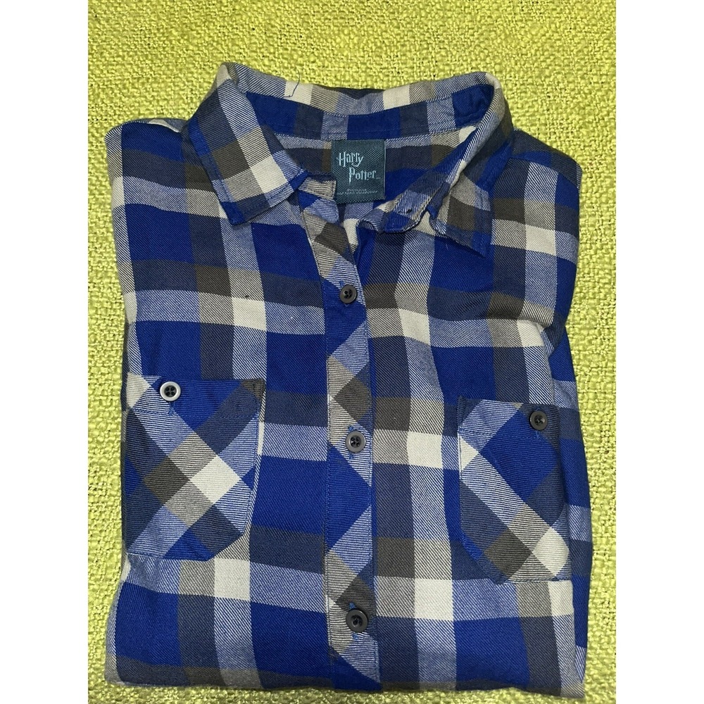 Harry Potter Women tops sz Large Ravenclaw button down flannel long sleeve blue